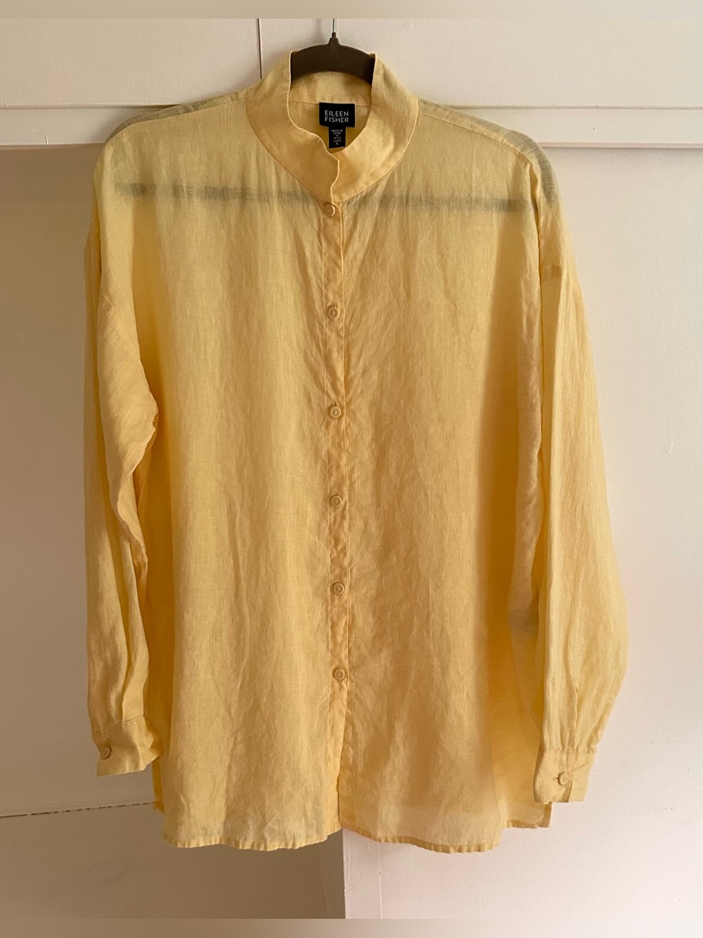 Vintage EILEEN FISHER S Yellow Irish Linen Blouse Stand Collar Side Slits